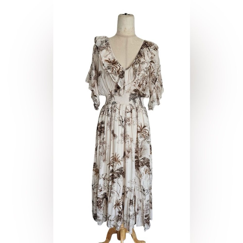 Sandro Cream and Brown Midi Dress